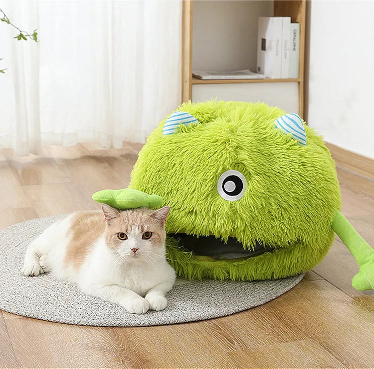 Fluffy round cat bed with non-slip base in three size options for indoor pets