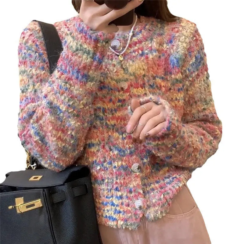 Gentle idle style knitted rainbow cardigan sweater in pink or green colour with slim fit design