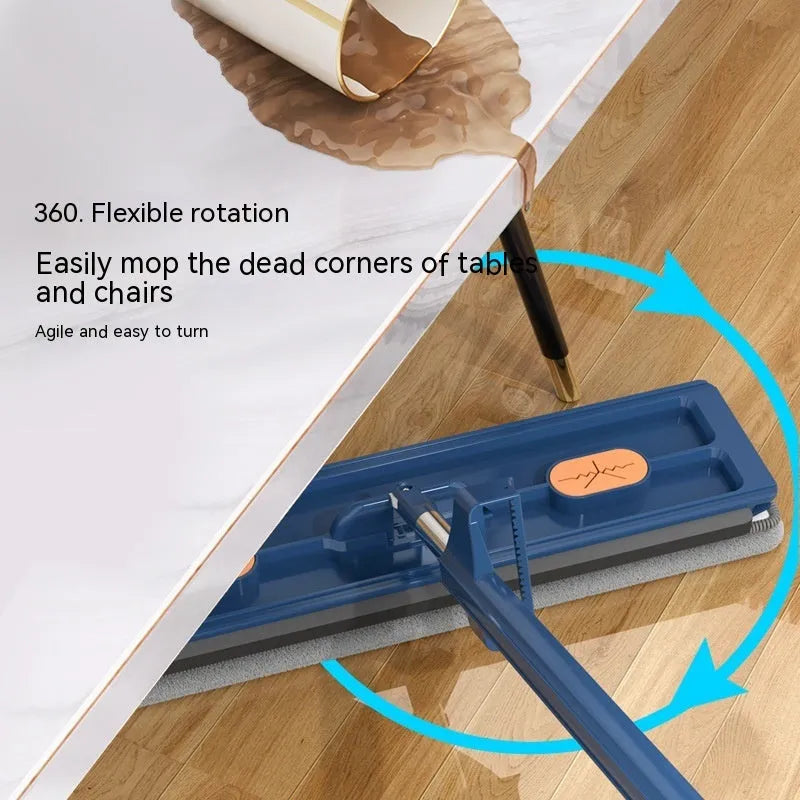 Large blue flat mop with long stainless steel handle and 360-degree rotating head on a hard floor
