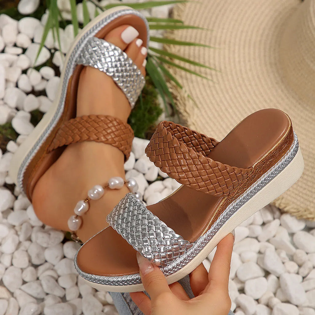 Gold and silver plus size wedge sandals for women available in sizes UK 36 to 43