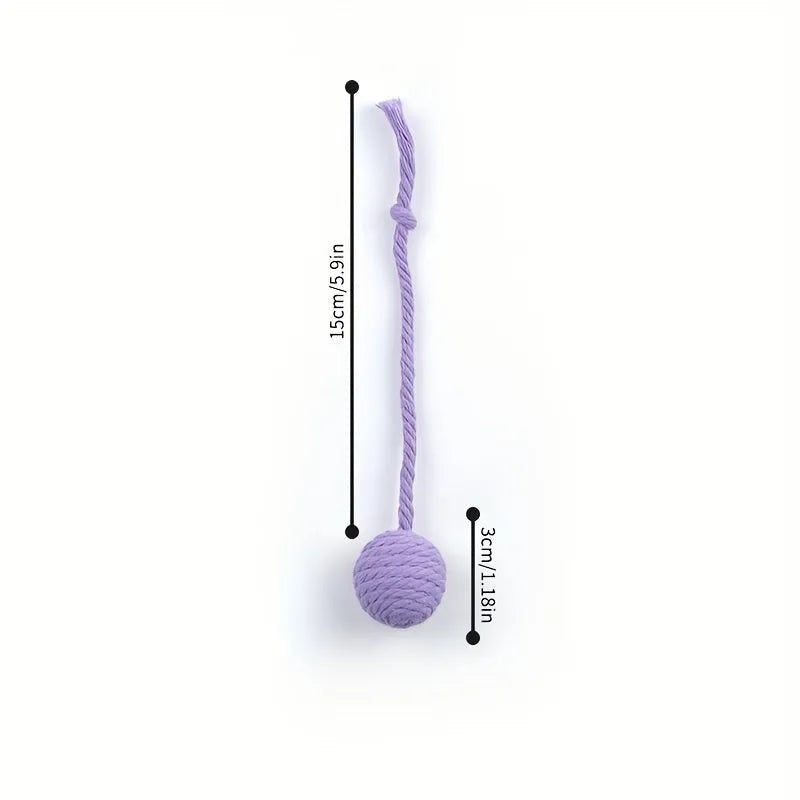 Colourful cat toy ball with rope and internal bell in small and medium sizes.
