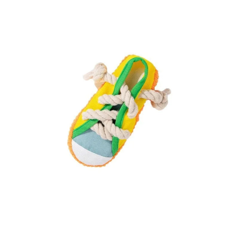 Plastic sound slippers dog chew toy in yellow with flexible bendable design