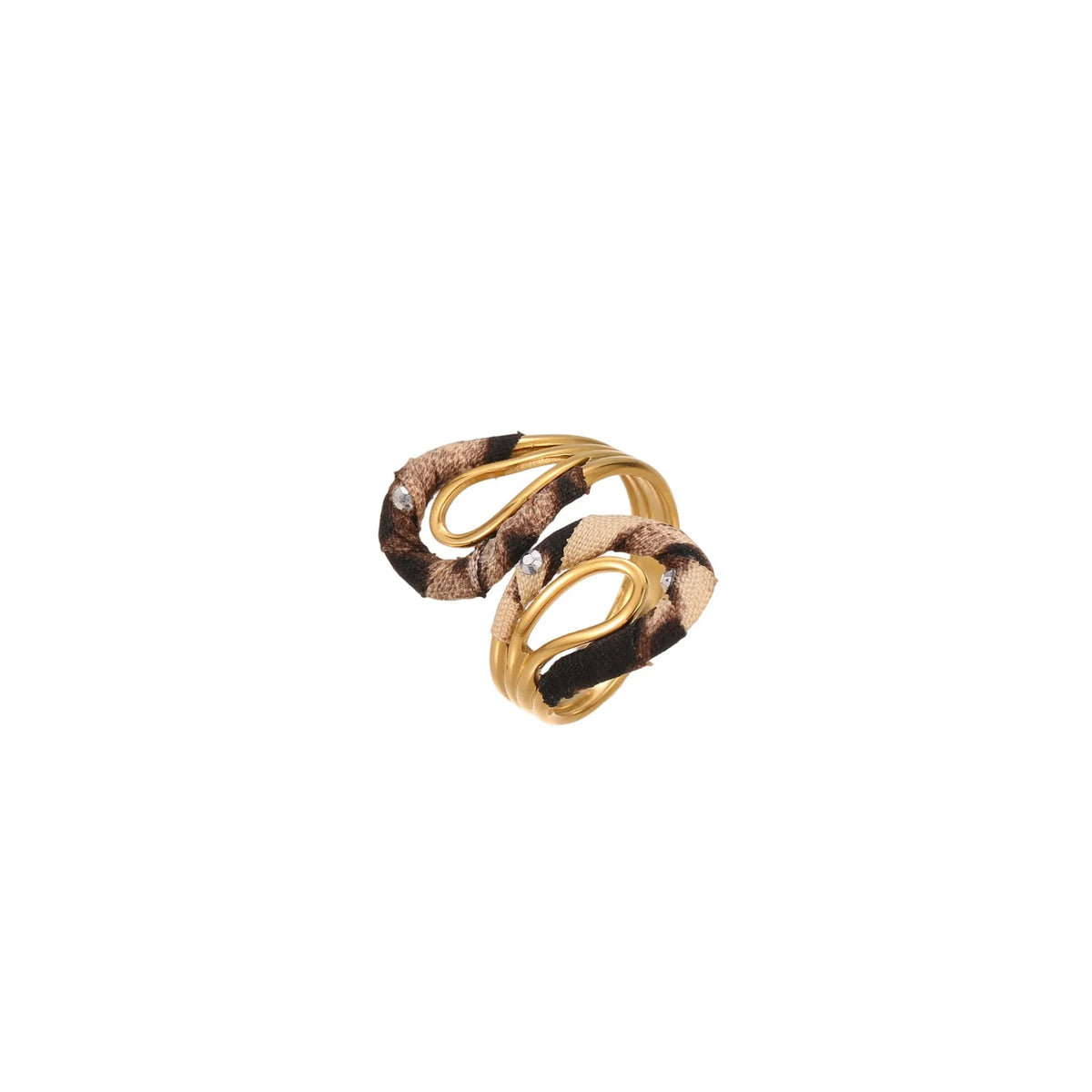 Leopard print geometric open mouth stainless steel ring on a grey background.