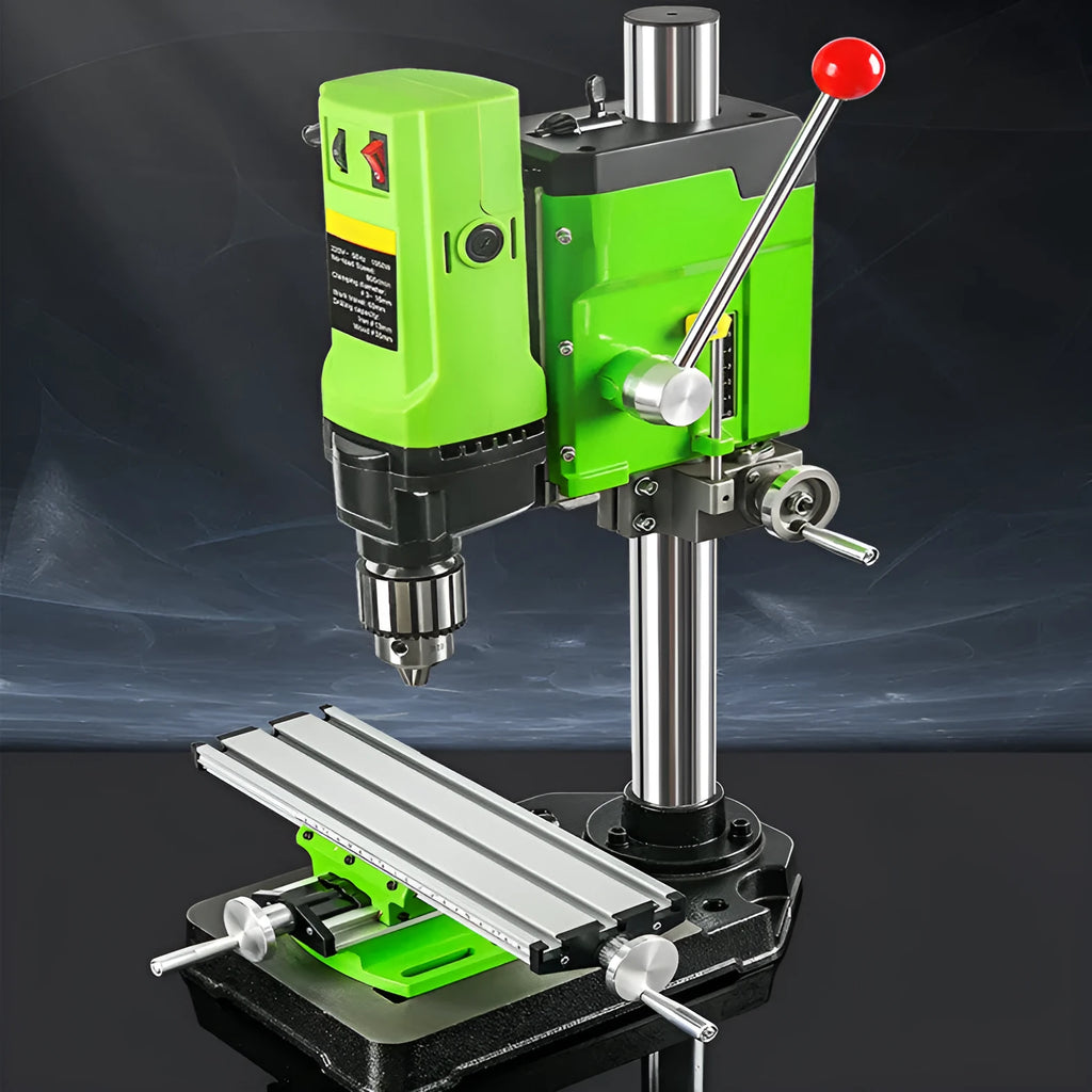 Bench drill and milling machine with cross bench pliers on workshop bench