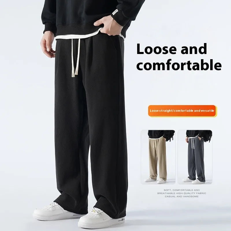 Men's double-sided polar fleece winter trousers in apricot colour with Korean-style loose fit