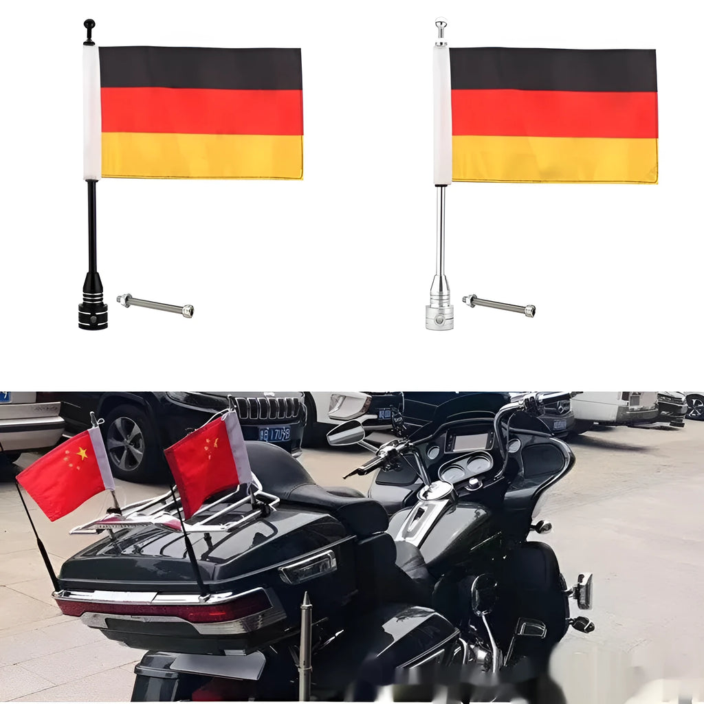 Silver electroplated motorcycle flagpole mounted on a black tail box.