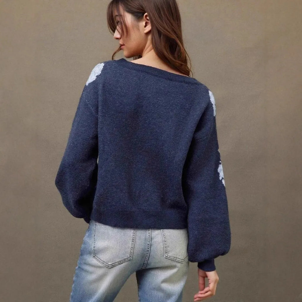 Sapphire Blue women's loose pullover with off-neck and floral jacquard pattern