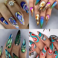 Almond-shaped rainbow nail stickers with plaid pattern in four colour designs on a hand.