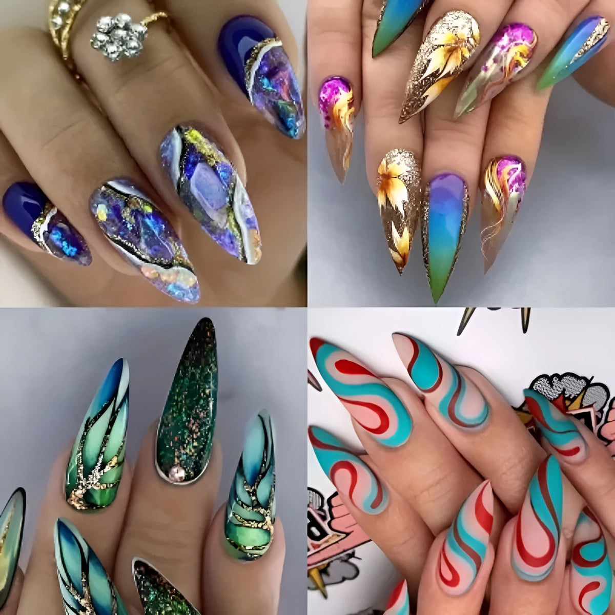 Almond-shaped rainbow nail stickers with plaid pattern in four colour designs on a hand.