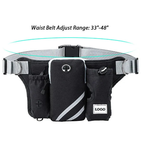 Black outdoor dog walking set with nylon waist bag and adjustable leash for pet training