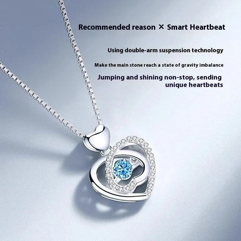 Blue diamond heart pendant necklace and bracelet set with mixed gem inlay on electroplated copper chain