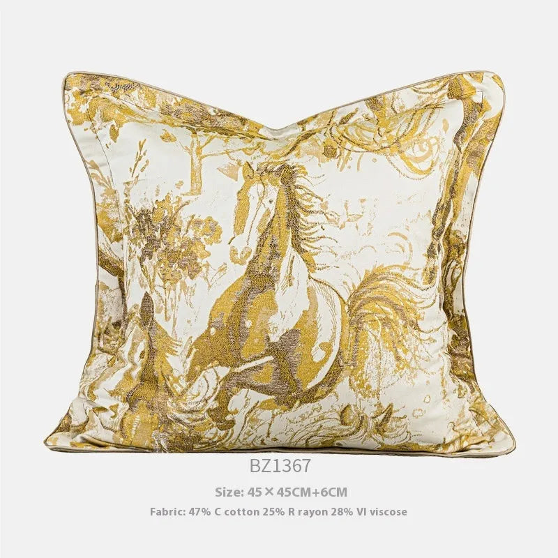 Abstract Jacquard woven horse design cushion in golden yellow, available as square or waist pillow.