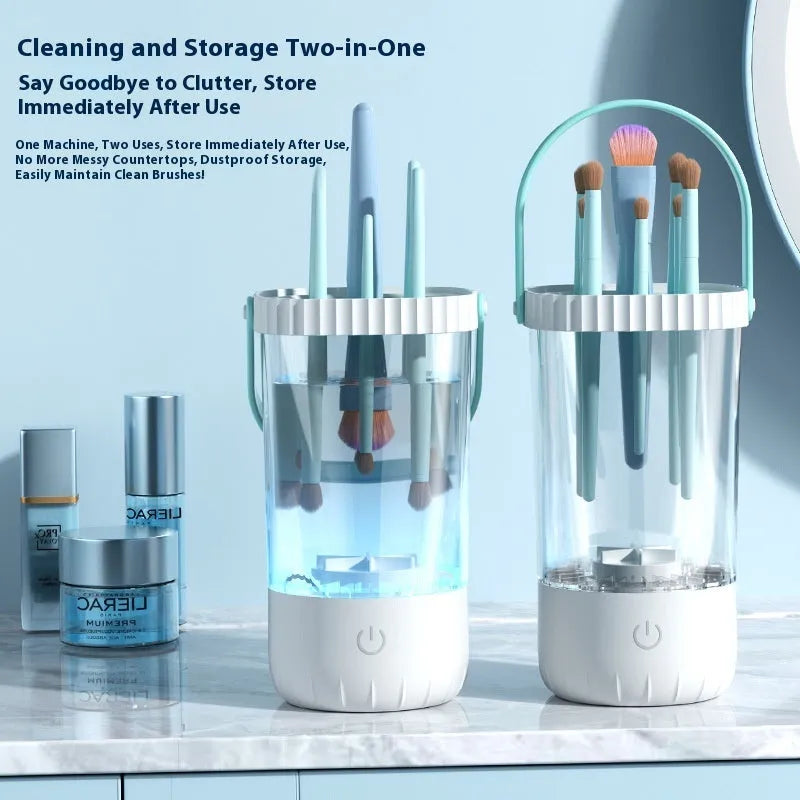 White plastic rechargeable electric makeup brush cleaning device with USB charging cable