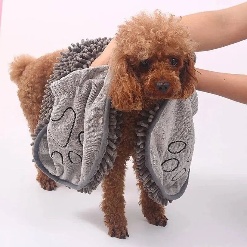 Blue dog bath robe towel measuring 62cm long with soft absorbent fibre construction
