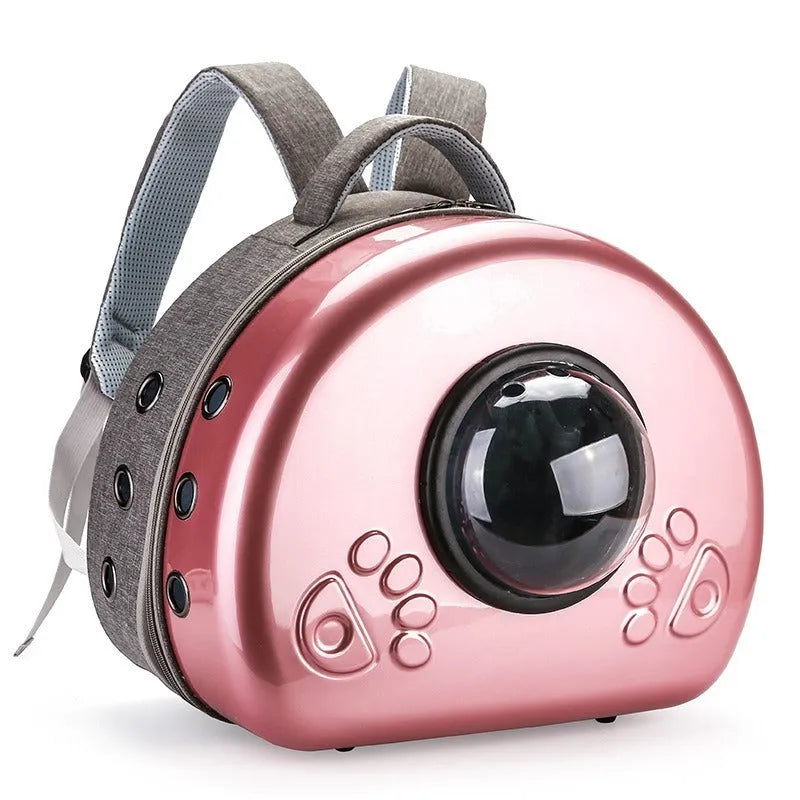 Transparent hard-shell pet carrier bag with metallic rose gold front cover.