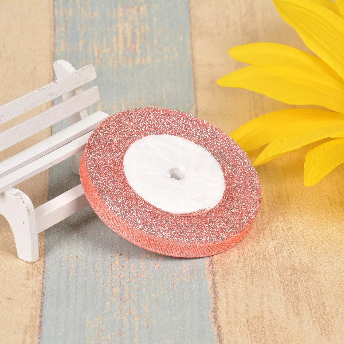 3 points polyester ribbon with colourful green onion pattern and metallic wire accents on 25-yard spool