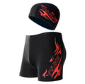 Men's plus size swimming trunks with matching cap featuring a blue fire print design on black background.
