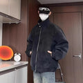 Grey tie-dyed PU leather men's jacket with a stand collar and side seam pockets.