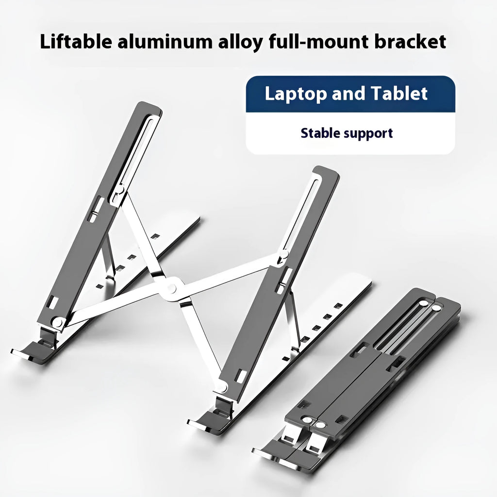 Silver aluminium folding laptop stand holding a notebook computer at an angle.