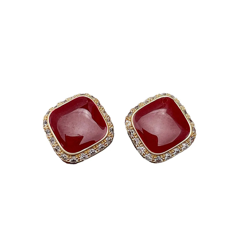 Retro red geometric earrings with square inlaid design on alloy material
