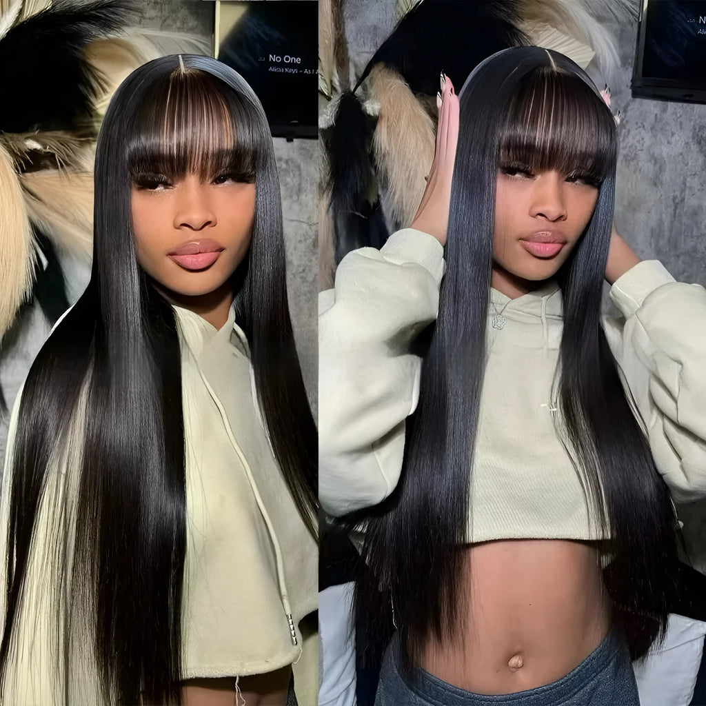 Women's human hair full lace wig with adjustable headgear in natural colour, showing length options