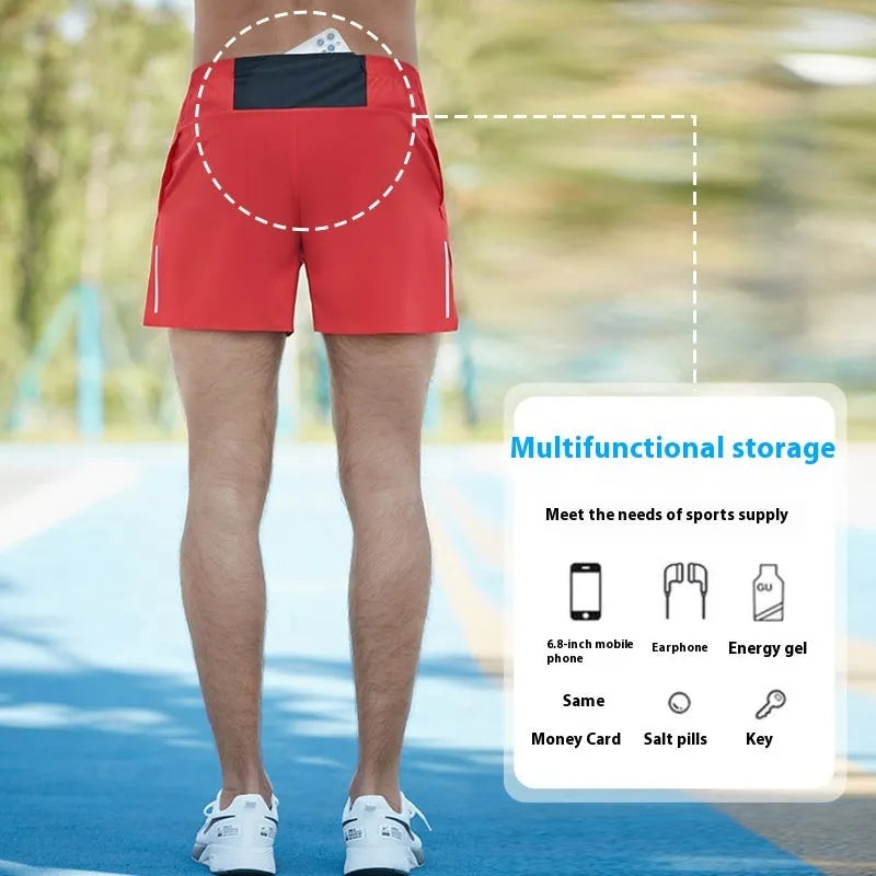 Men's black off-road running shorts with quick-drying fabric and high waist design for marathon running