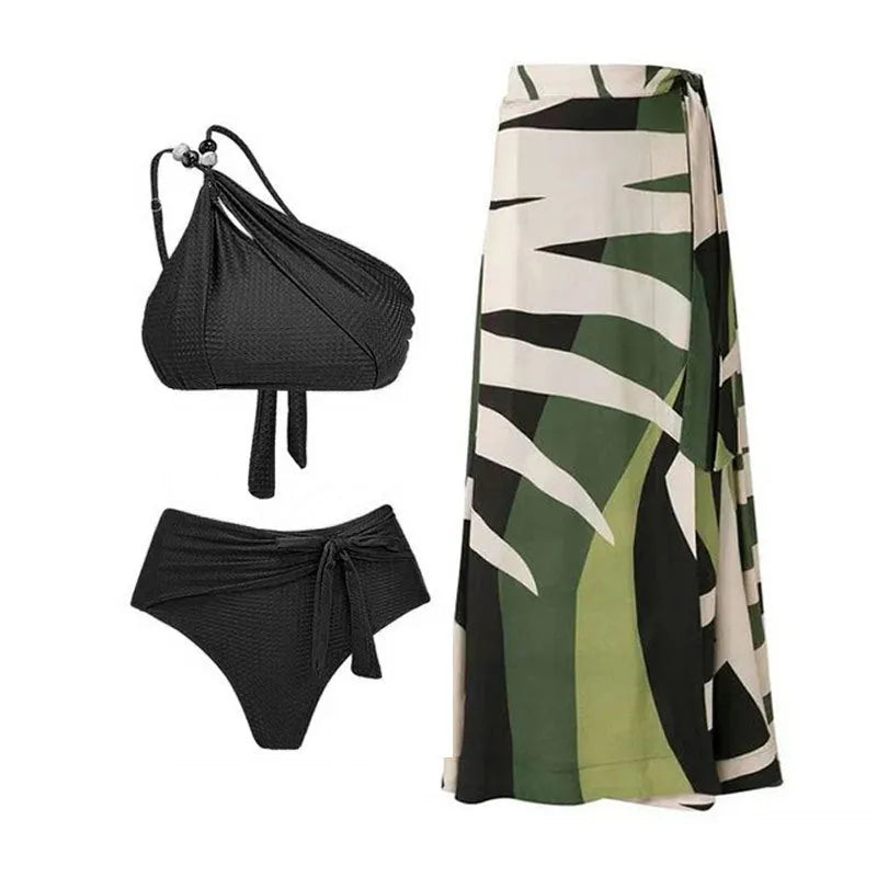 Brown women's high-waisted swimsuit with push-up top and a sheer black chiffon dress overlay.