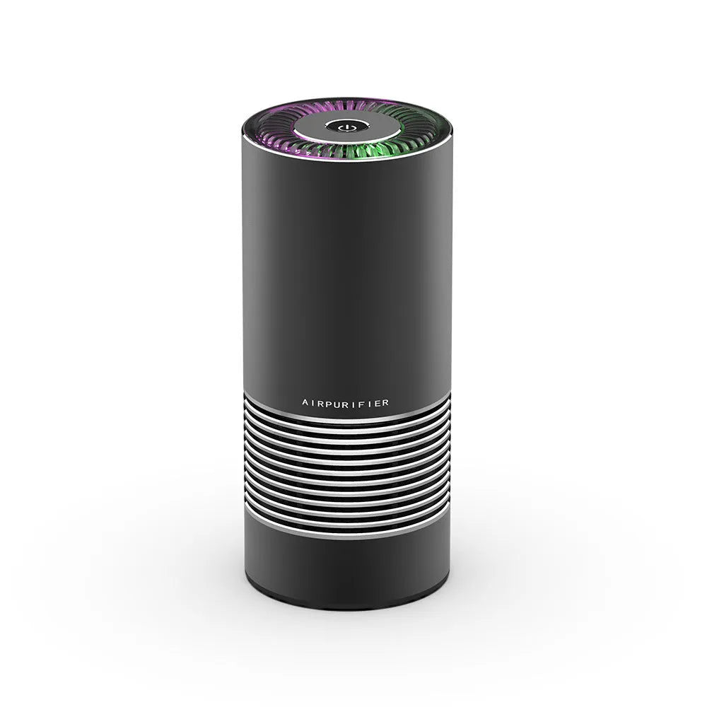 Black car wireless air purifier with negative ion generator on a car dashboard.