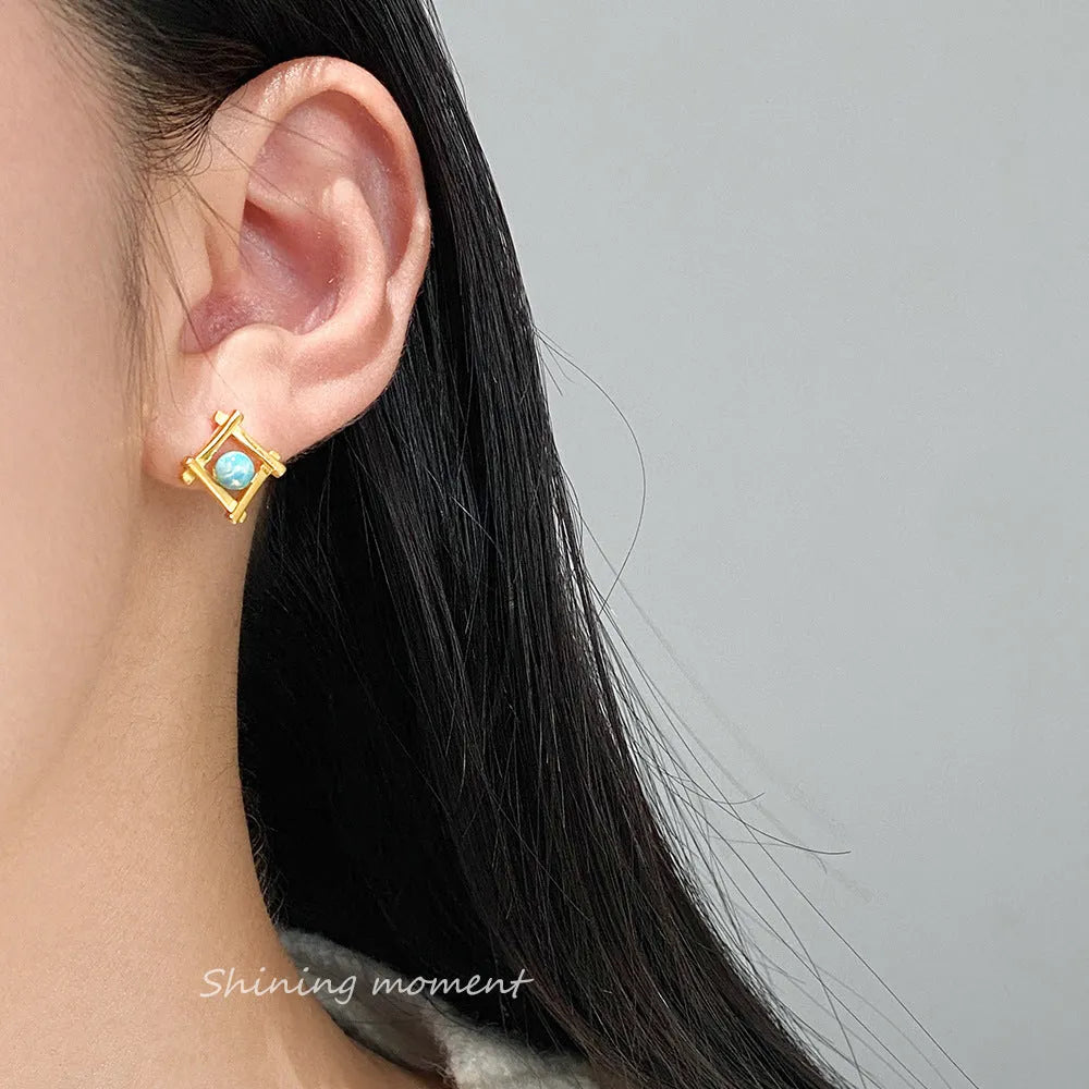 Women's geometric cross quadrangle stud earrings in sterling silver with silver or gold colour options