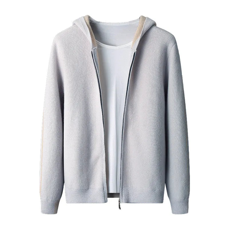 Men's dark blue cashmere cardigan with half-high collar and zip front closure in loose fit
