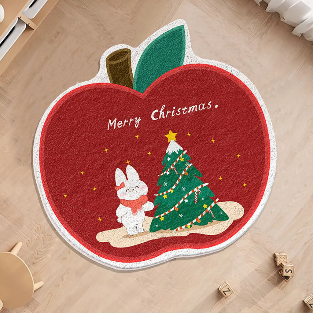 Round Christmas carpet with imitation cashmere material in festive colour design on wooden floor