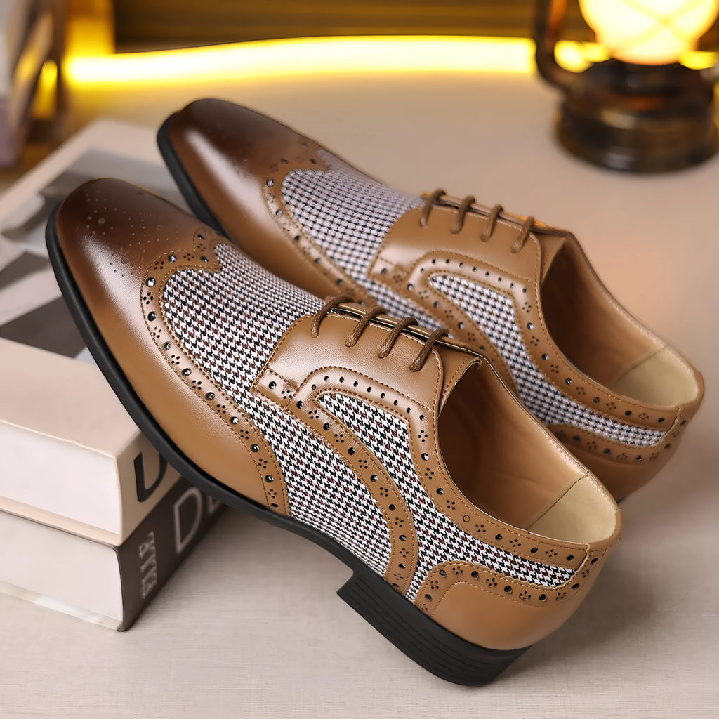 Men's houndstooth plaid casual shoes with canvas upper, rubber sole, and square toe in multiple colours.