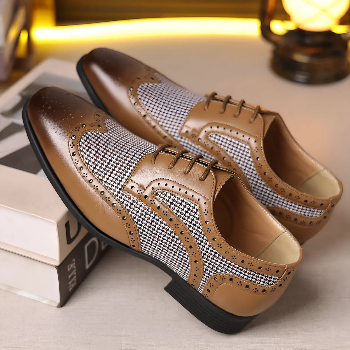 Men's houndstooth plaid casual shoes with canvas upper, rubber sole, and square toe in multiple colours.