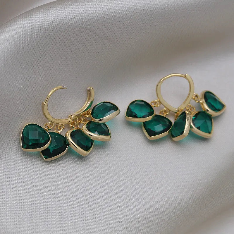 Korean style green heart-shaped glass pendant ear clip earrings for women
