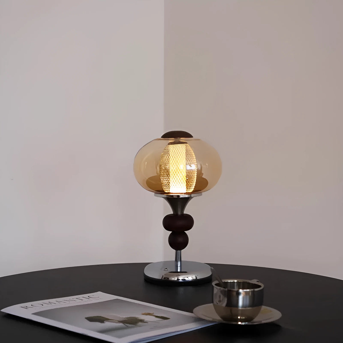 Solid wood retro palace style table lamp with USB charging port and touch controls