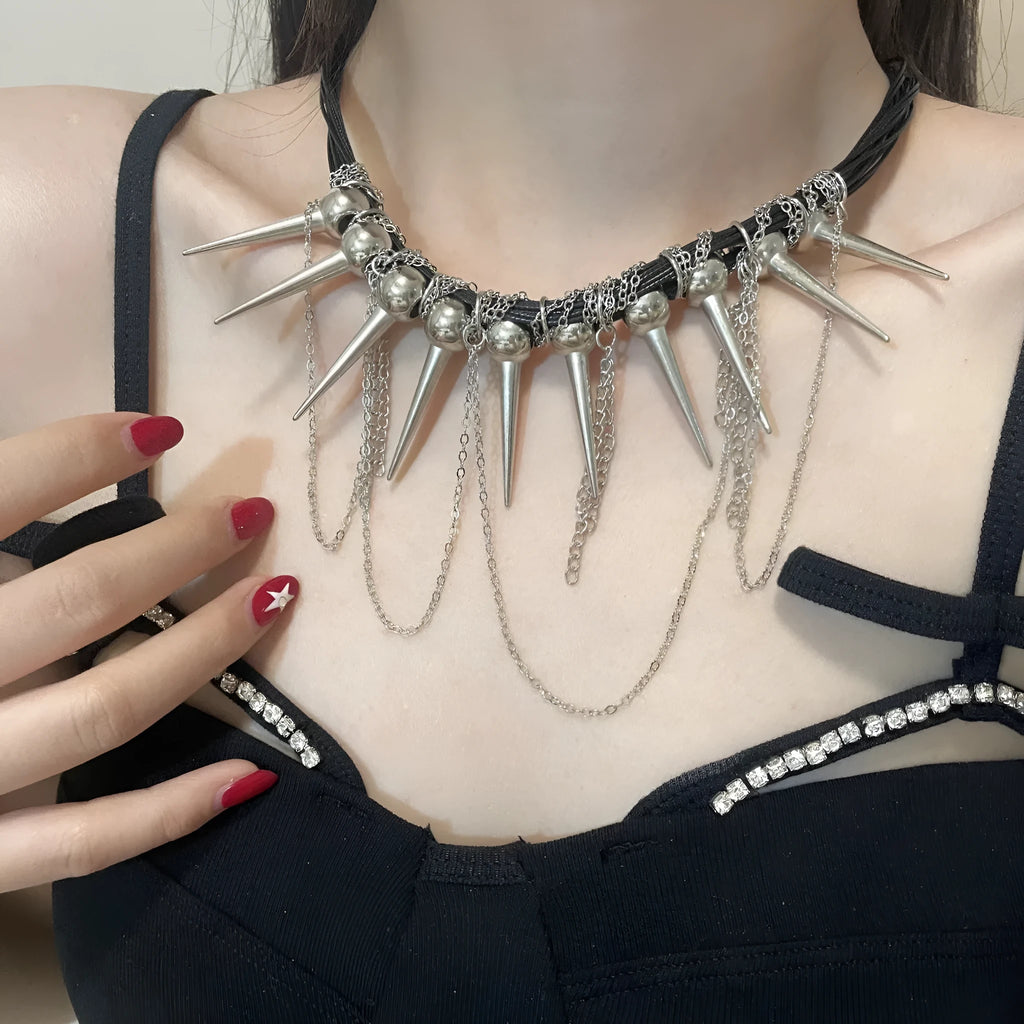 Leather winding tassel necklace with round beads and rivet accents for women