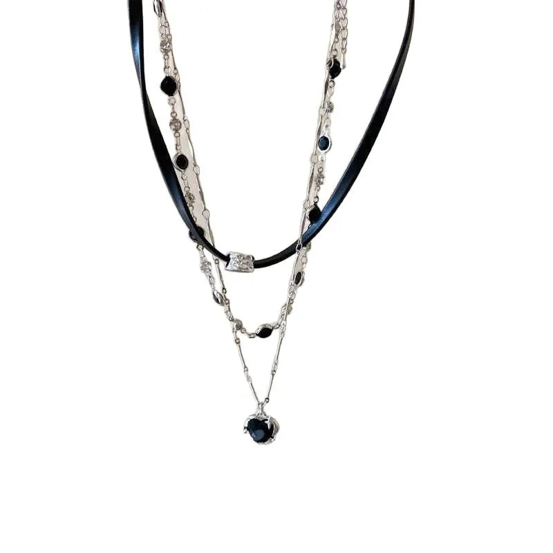 Women's adjustable twin necklace set with leather heart pendants, alloy chain, and artificial crystal accents