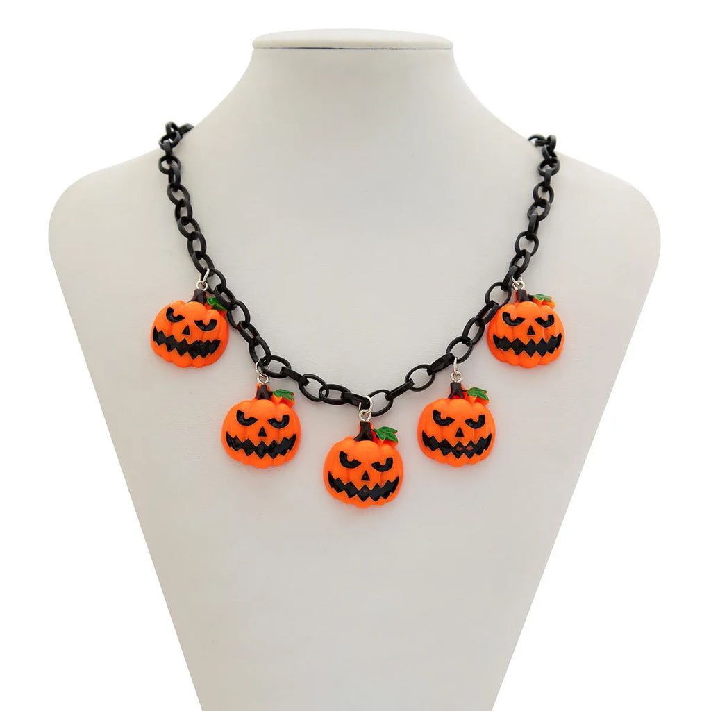 Halloween necklace with acrylic pumpkin ghost pendant on plastic chain in mixed colours
