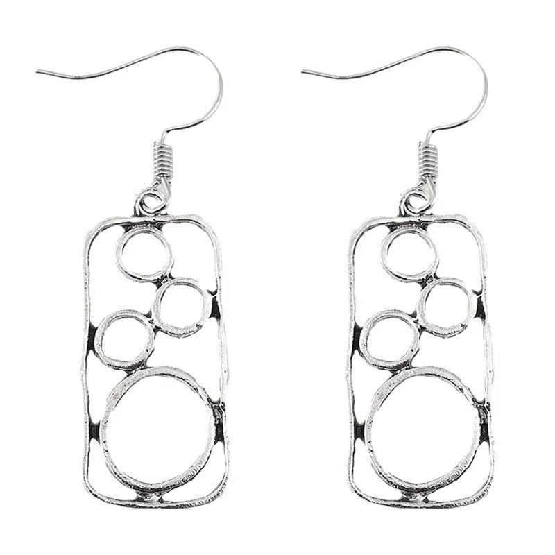 Geometric round ring earrings with irregular square shapes in antique silver zinc alloy