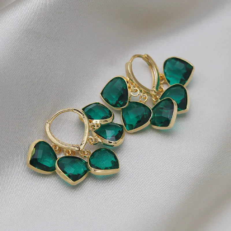 Korean style green heart-shaped glass pendant ear clip earrings for women