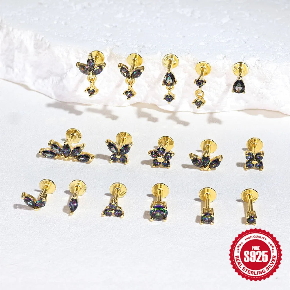 S925 sterling silver thread piercing earrings with rainbow stone in gold colour variations