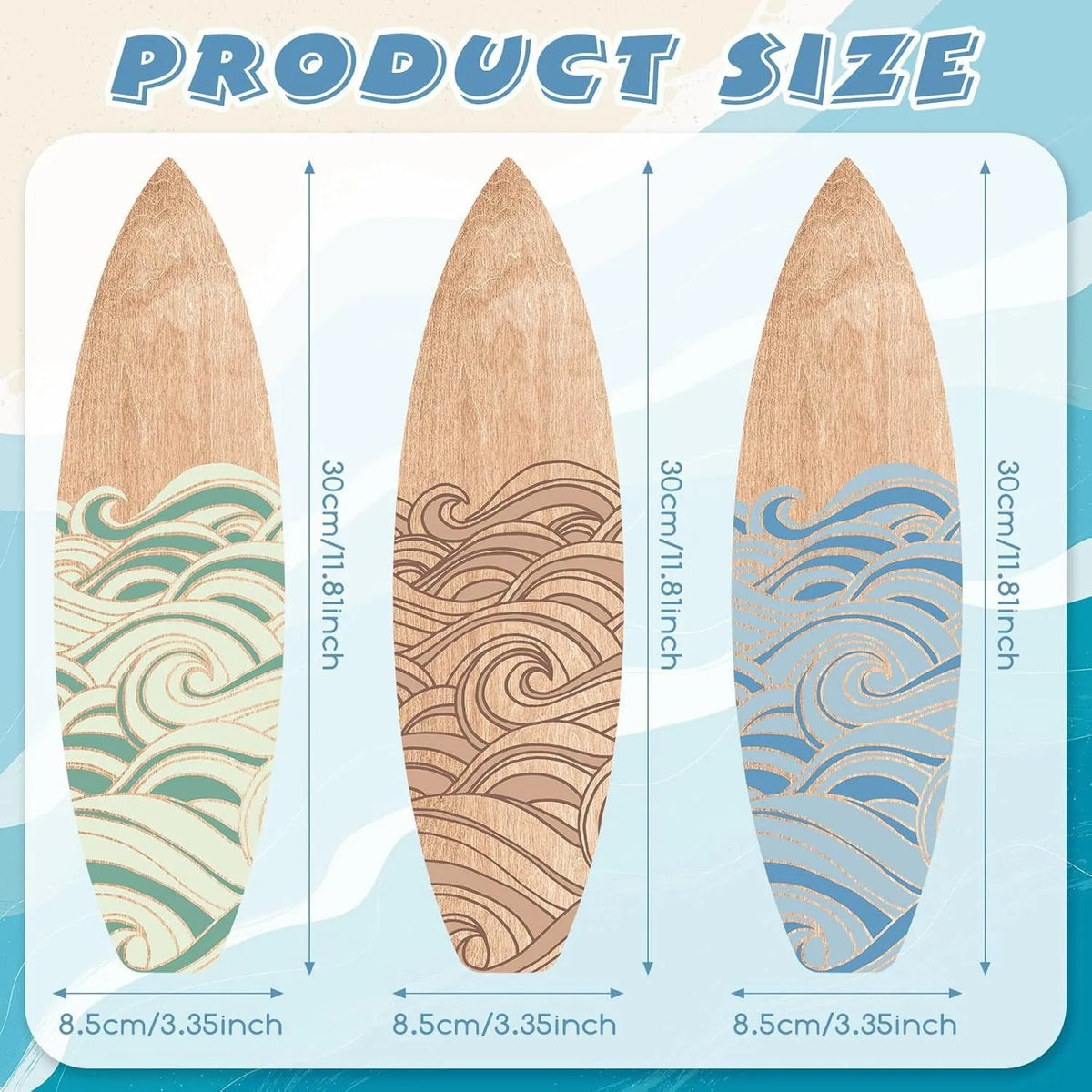 Three wooden surfboard wall decorations in boxwood with European style design