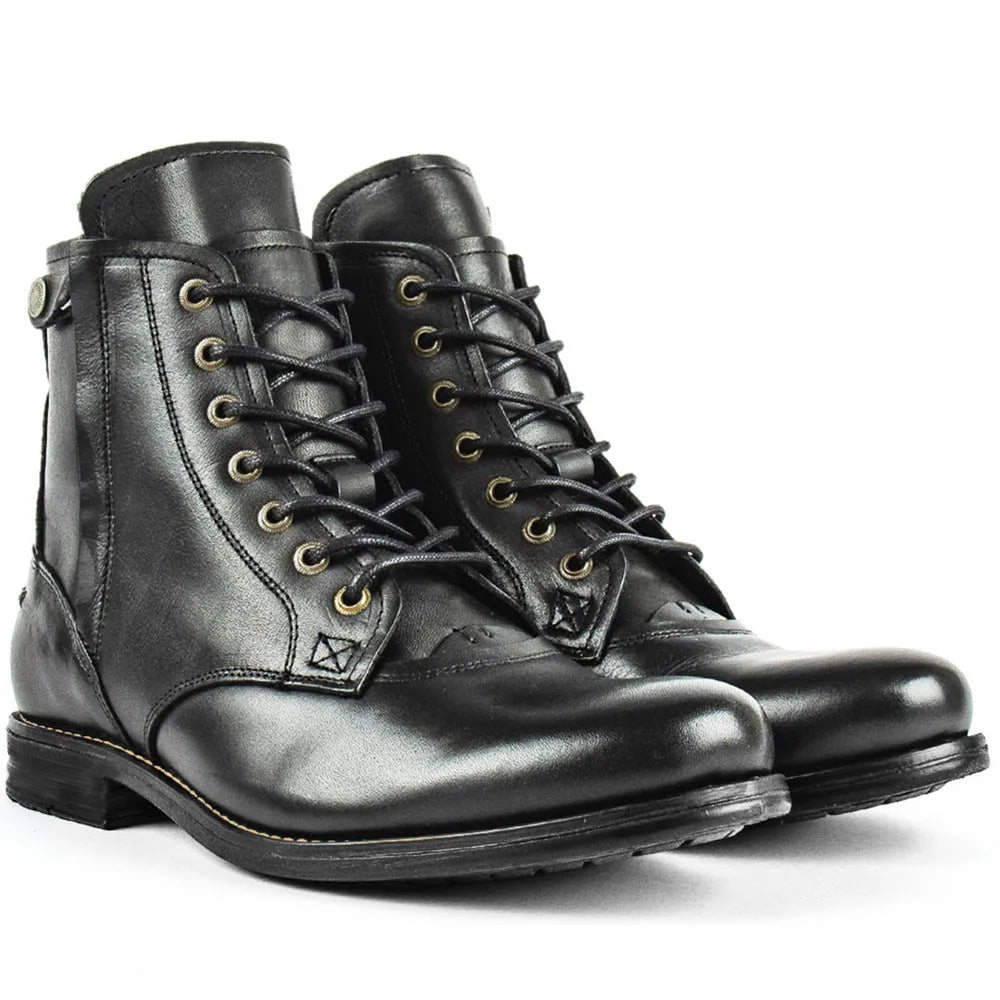 Knight Series Black two-tone leather boot with side zipper and low heel.