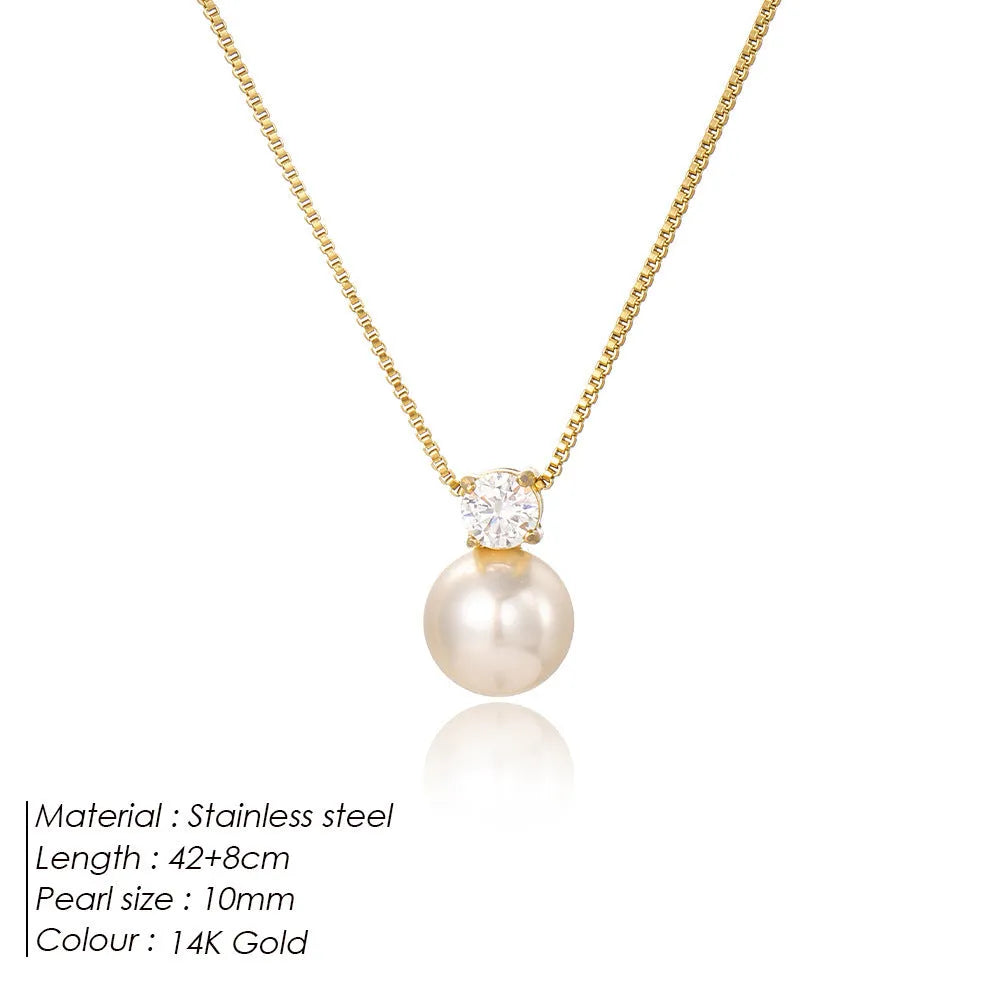 St Delan simple pearl zircon necklace for women with stainless steel chain and box chain style