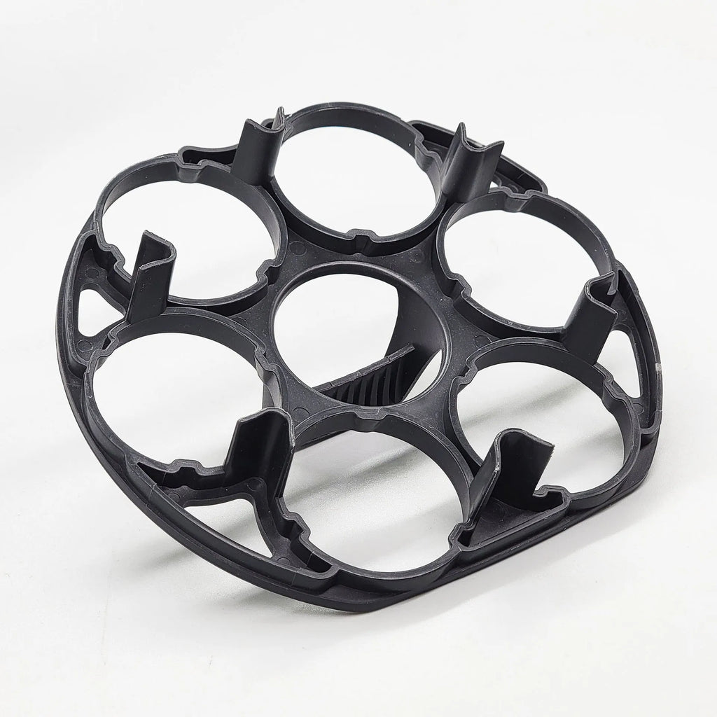 Black modern plastic egg holder rack for cooking machines, dimensions 13.8cm wide by 12.6cm deep.