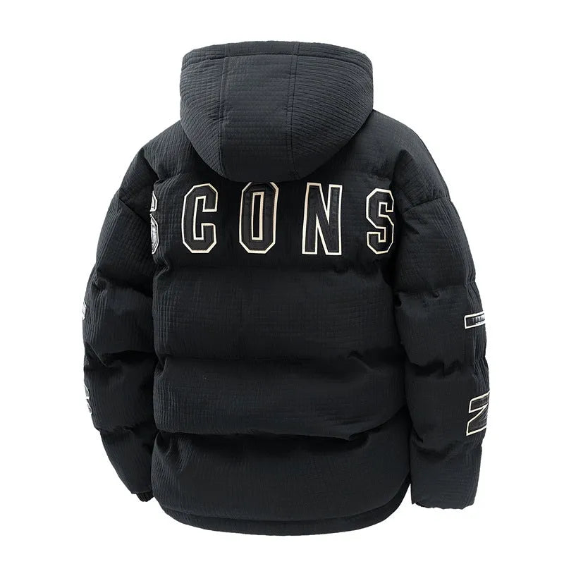 Men's Korean style winter coat with hood and side pockets in black or khaki colours with letter print