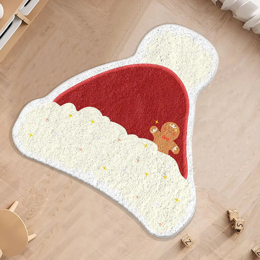 Round Christmas carpet with imitation cashmere material in festive colour design on wooden floor
