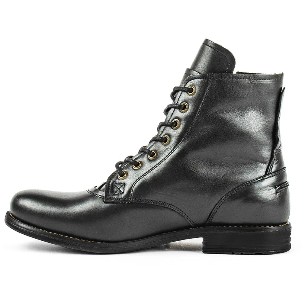 Knight Series Black two-tone leather boot with side zipper and low heel.