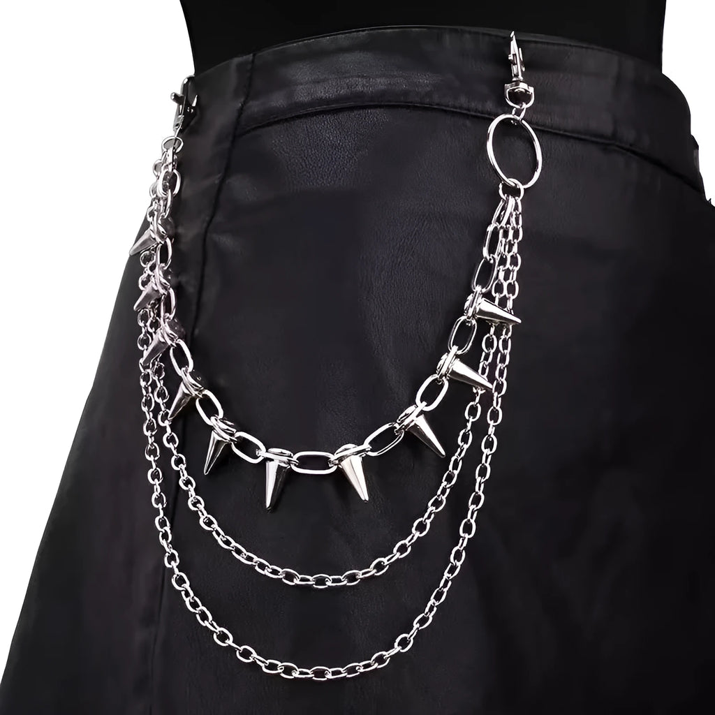 Silver metal double layer trousers chain with zipper and punk rivet details