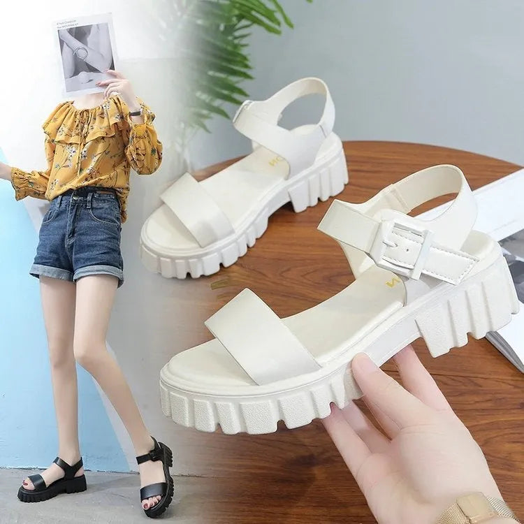 Women's beige peep toe platform sandals with adjustable ankle buckle strap on fish mouth toe design